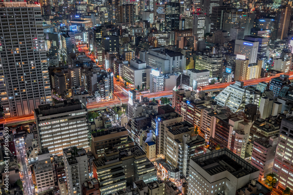Tokyo cityscape night view. Hamamatsucho district, Minato Ward.