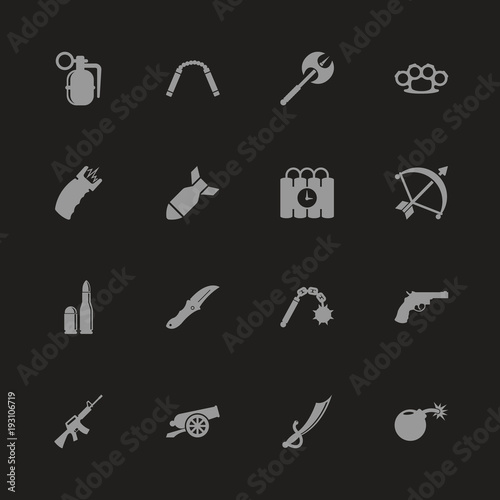 Weapon icons - Gray symbol on black background. Simple illustration. Flat Vector Icon.
