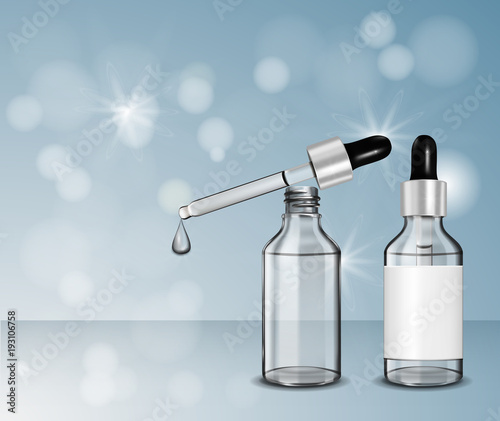 White glass transparent bottle. Silver cap with dropper. Shining bokeh background