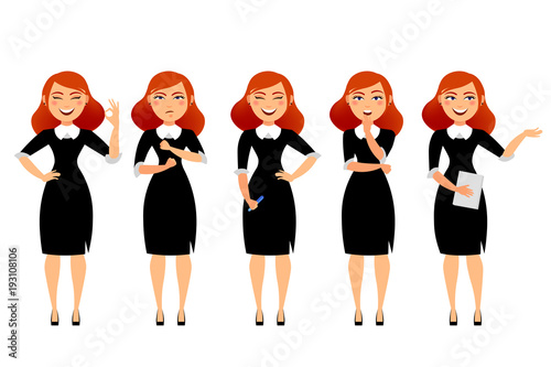 Business woman in various poses flat vector illustration. Cartoon character of business woman isolated on white background. Smiling secretary girl with happy mimics and red hair