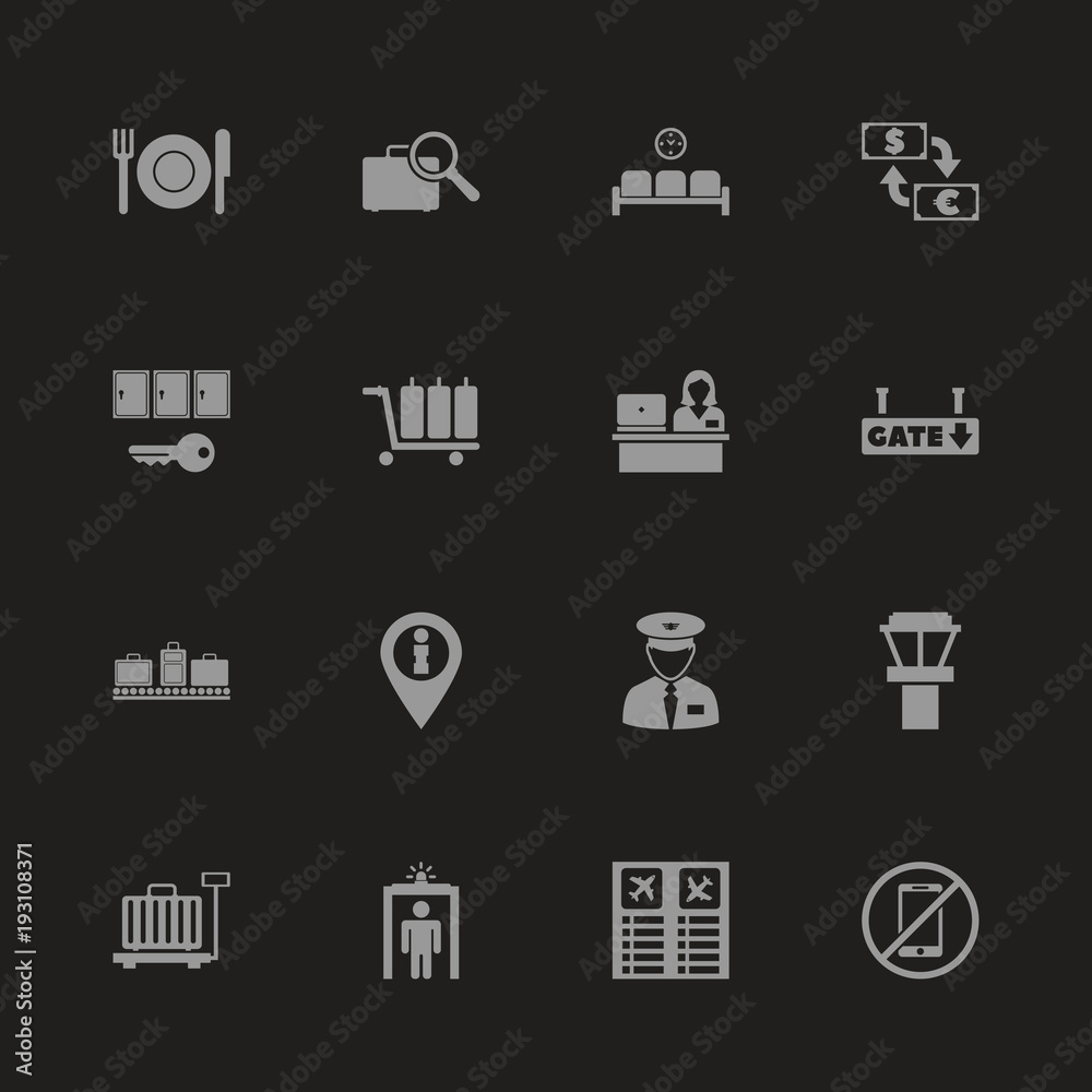 Airport Terminal icons - Gray symbol on black background. Simple illustration. Flat Vector Icon. Airport Terminal icons - Gray symbol on black background. Simple illustration. Flat Vector Icon.