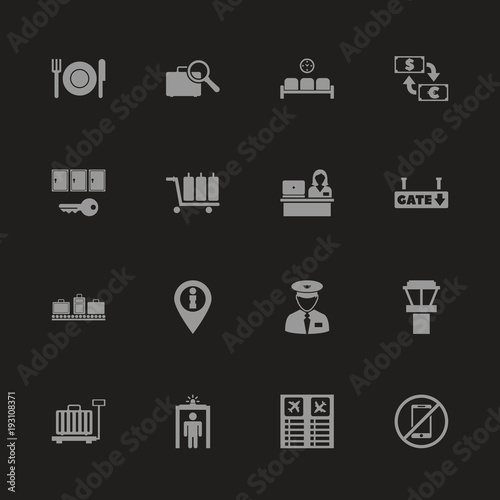 Airport Terminal icons - Gray symbol on black background. Simple illustration. Flat Vector Icon.