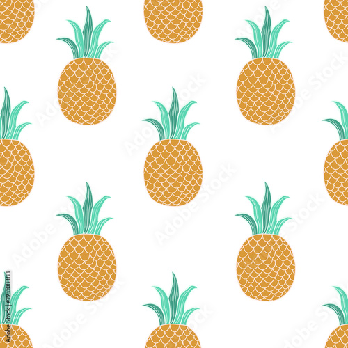 Vector Fresh Ripe Pineapple Seamless Pattern on White. Tropical Fruit Background.