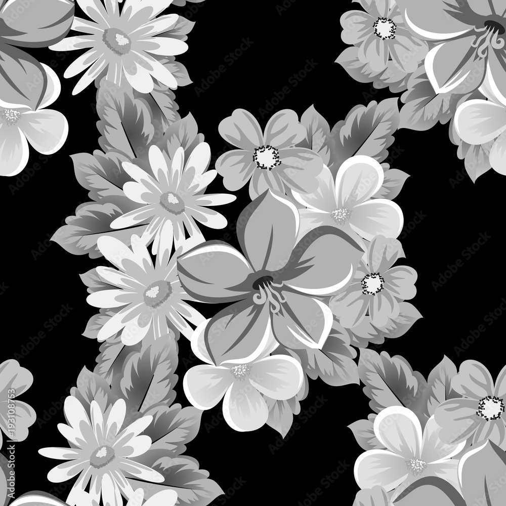 Fototapeta premium abstract seamless pattern of flowers on black background. for card designs, greeting cards, birthday invitations, Valentine's day, party, holiday.