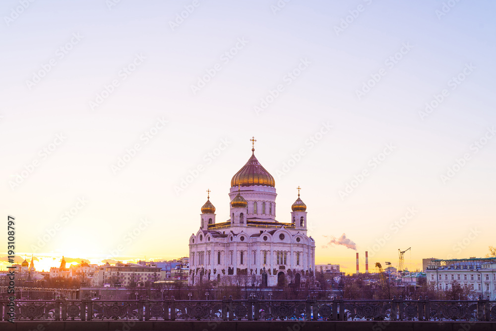Sunset over the Moscow River And Orthodox Cathedral of Christ the Saviour in Russia