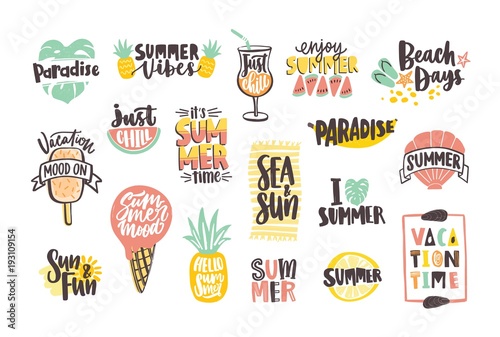 Collection of bright colored summer lettering handwritten with calligraphic fonts and decorated with tropical fruits, exotic leaves, ice cream, sun and shells. Creative hand drawn vector illustration.