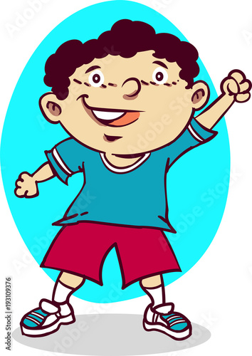 happy kid one arm up cartoon style vector illustration
