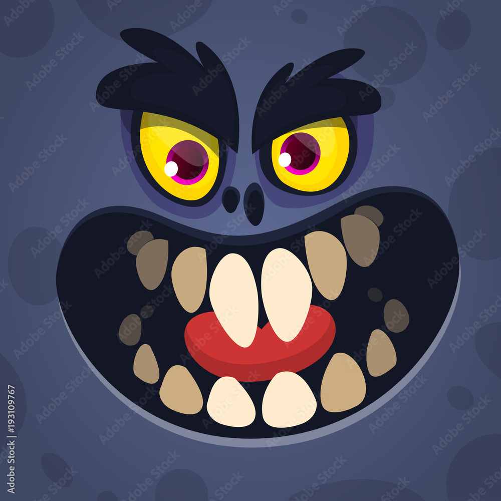 Cool Cartoon Scary Black Monster Face. Vector Halloween illustration of mad monster avatar. Design for print, children book,  party decoration or square avatar