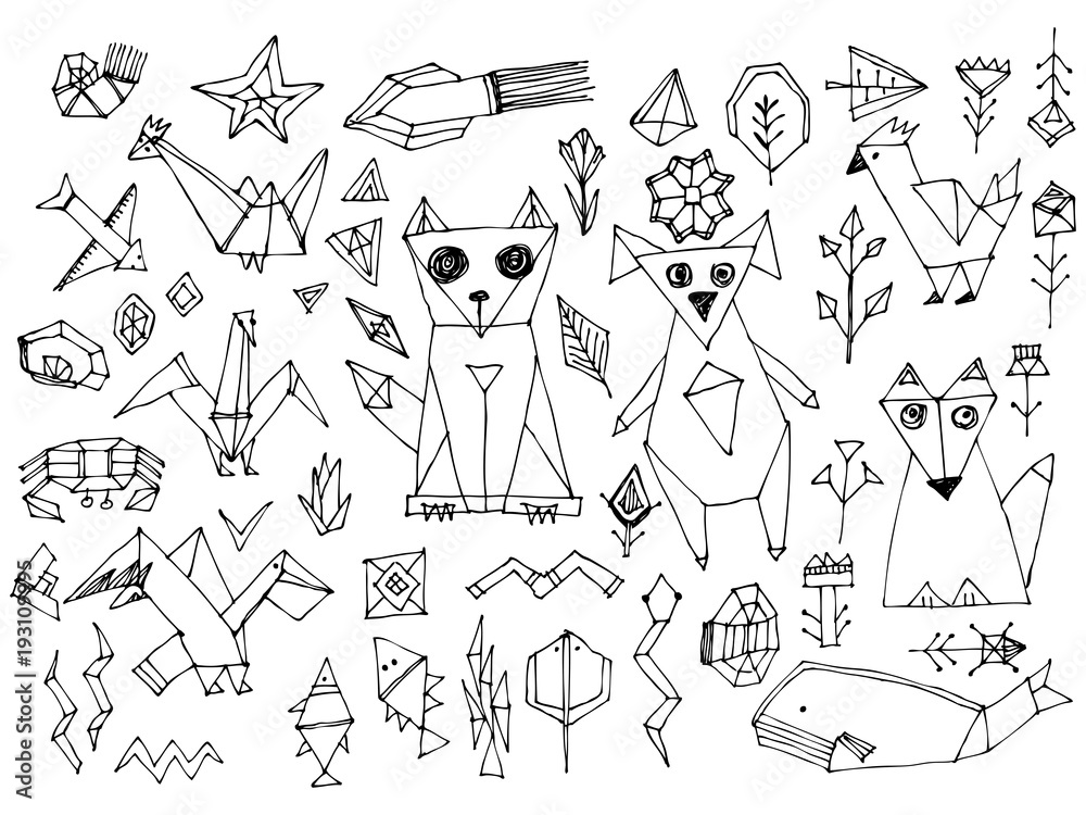 Dog cat fox fish birds sea animals and plants, Black outline isolated on  white background, doodle decorative contemporary elements Stylized origami.  Vector Stock Vector | Adobe Stock