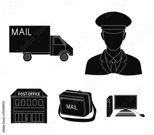 The postman in uniform, mail machine, bag for correspondence, postal office.Mail and postman set collection icons in black style vector symbol stock illustration web.