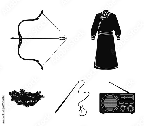 .mongol dressing gown, battle bow, theria on the map, Urga, Khlyst. Mongolia set collection icons in black style vector symbol stock illustration web.
