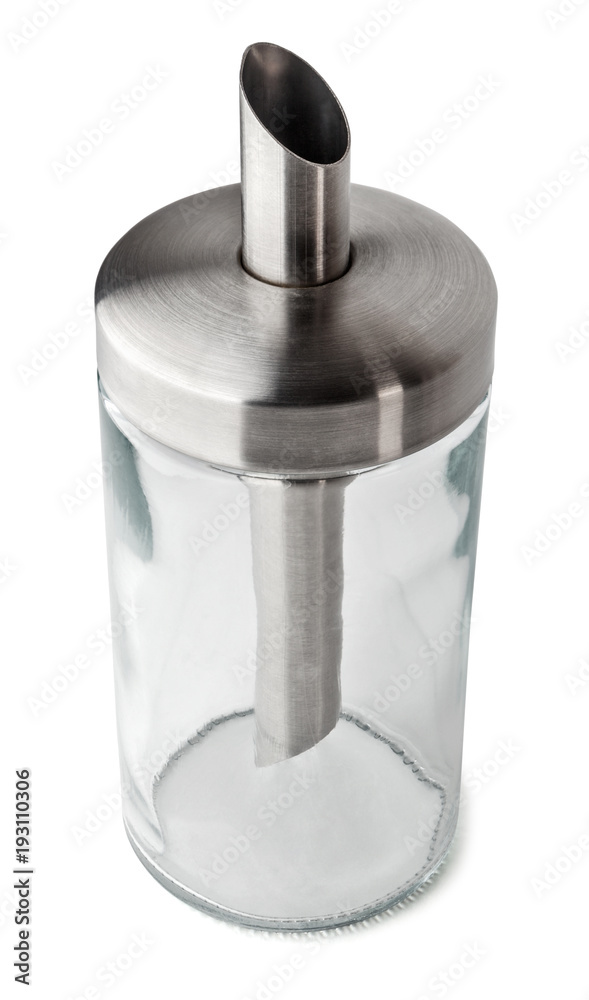 Empty glass dispenser for sugar isolated on white background with clipping path. Empty glass dispenser for sugar isolated on white background with clipping path.