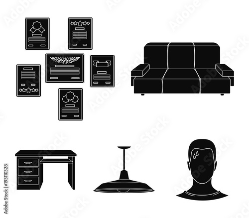 Comfortable sofa, letters and diplomas within the framework, an office ceiling lamp, a desk with drawers. Office Furniture set collection icons in black style vector symbol stock illustration web.