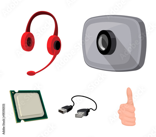 Webcam, headphones, USB cable, processor. Personal computer set collection icons in cartoon style vector symbol stock illustration web.