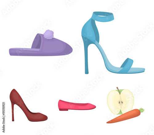 Blue high-heeled sandals, homemade lilac slippers with a pampon, pink women's ballet flats, brown high-heeled shoes. Shoes set collection icons in cartoon style vector symbol stock illustration web.