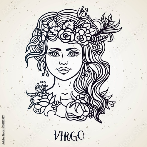 Beautiful line art filigree zodiac symbol. Black sign on vintage background.Elegant jewelry tattoo.Engraved horoscope symbol.Doodle mystic drawing with calligraphy lettering.Virgo