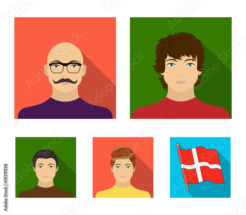 The appearance of the young guy, the face of a bald man with a mustache in his glasses. Face and appearance set collection icons in flat style vector symbol stock illustration web.