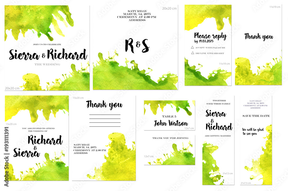 Card templates set with green and yellow watercolor splashes background; artistic design for business, wedding, anniversary invitation, flyers, brochures, table number, RSVP, Thank you card
