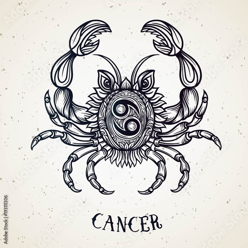 Beautiful line art filigree zodiac symbol. Black sign on vintage background.Elegant jewelry tattoo.Engraved horoscope symbol.Doodle mystic drawing with calligraphy lettering.Cancer