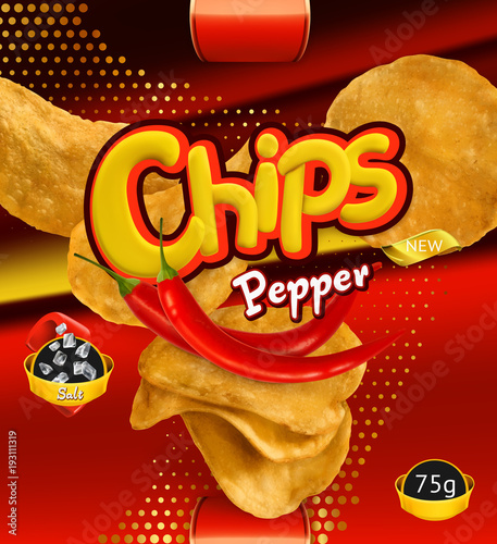 Potato chips. Pepper flavor. Design packaging, 3d vector template