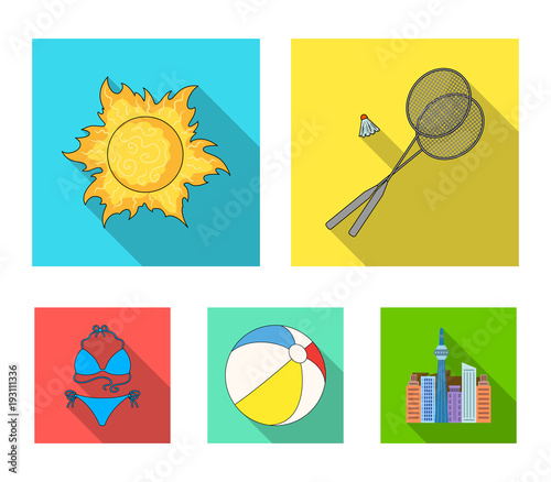 A game of badminton, a ball and the sun.Summer vacation set collection icons in flat style vector symbol stock illustration web.