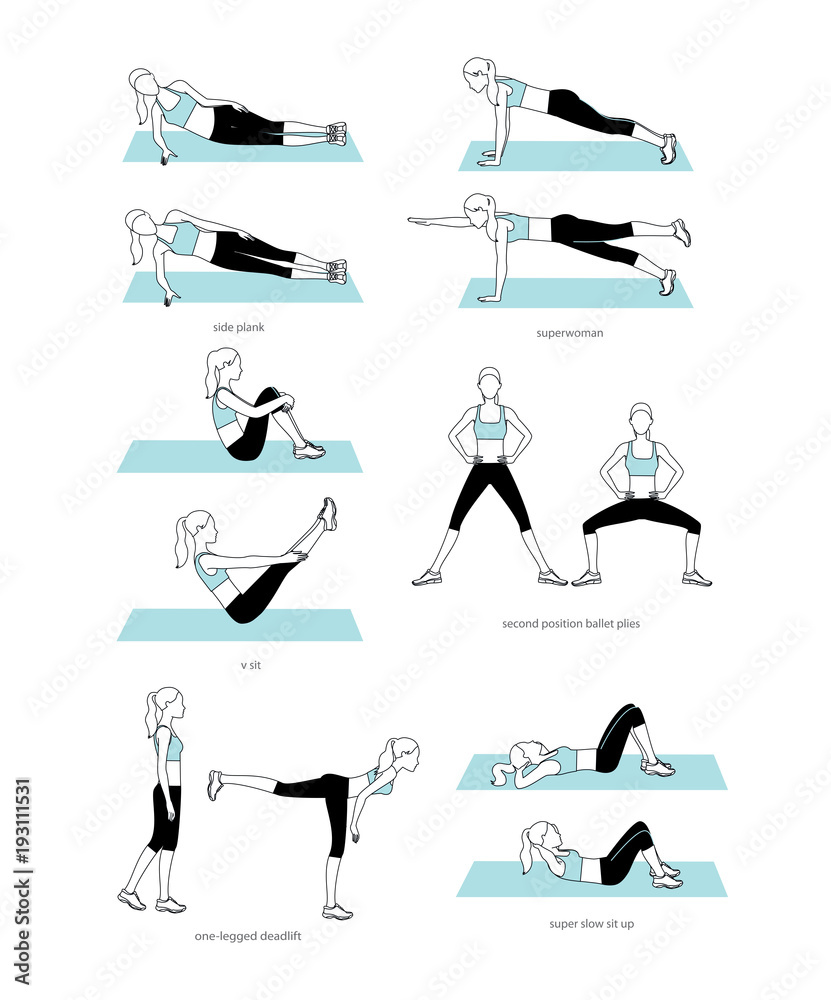Impressionisme Herrie Kostuums Woman doing fitness workout. V sit, plank, superwoman exercises step by step.  Stock Vector | Adobe Stock