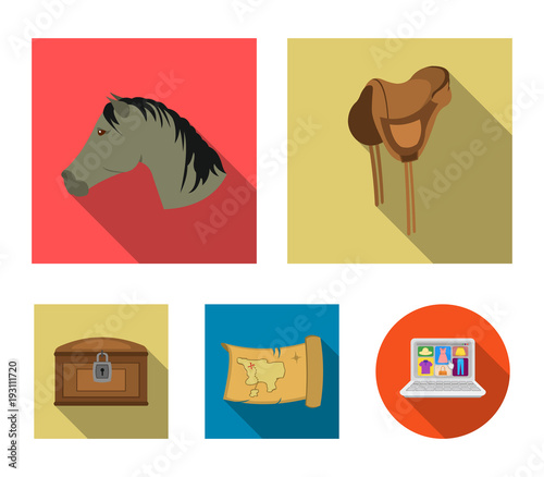 Head of a horse, a saddle, a treasure map, a chest.Wild west set collection icons in flat style vector symbol stock illustration web.