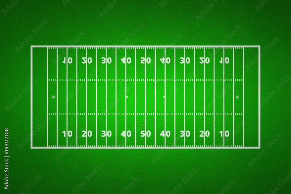 Top views of american football field. Green grass pattern for sport background. Ragby football field with white lines marking the pitch.