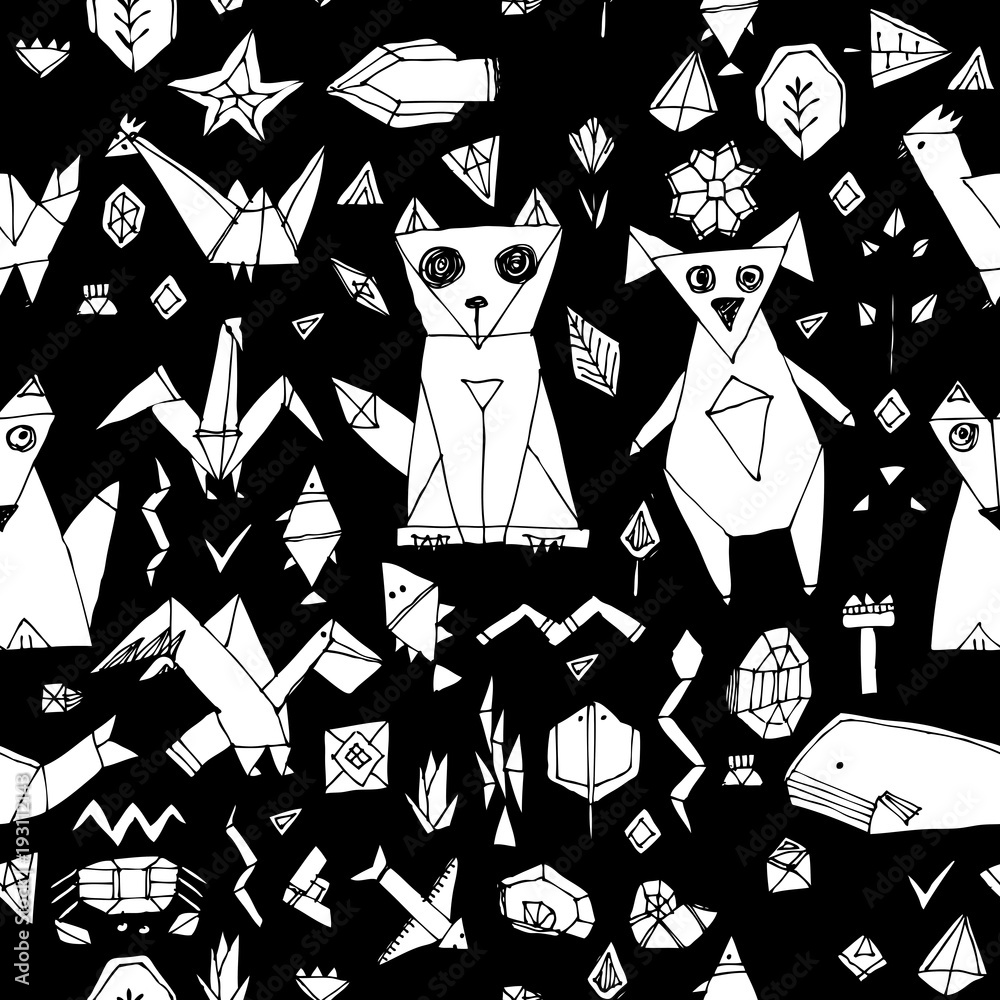 geometric seamless pattern with Dog cat fox fish birds sea animals and plants, black decorative contemporary elements Stylized origami. print, trendy backdrop background for site, blog, fabric. Vector Stock Vector | Adobe geometric seamless pattern with Dog cat fox fish birds sea animals and plants, black decorative contemporary elements Stylized origami. print, trendy backdrop background for site, blog, fabric. Vector Stock Vector | Adobe