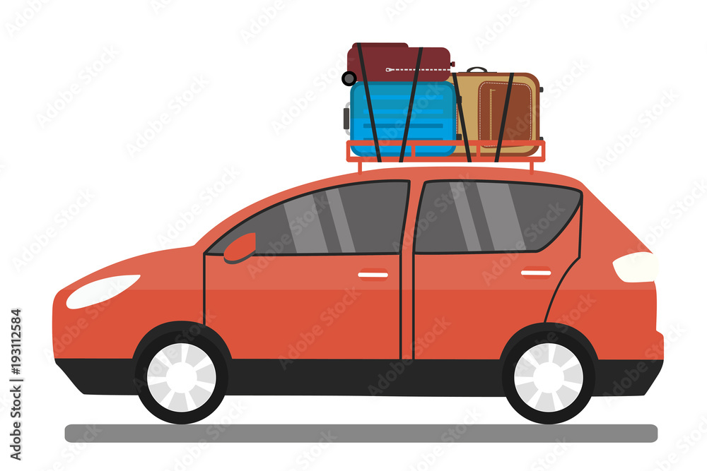 Modern red car with luggage on roof,family vacation transport