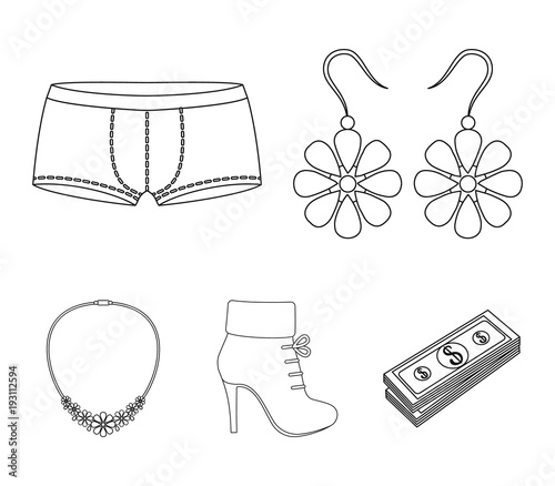 Earrings, costume jewelry, briefs and other clothes. Clothes set collection icons in outline style vector symbol stock illustration web.