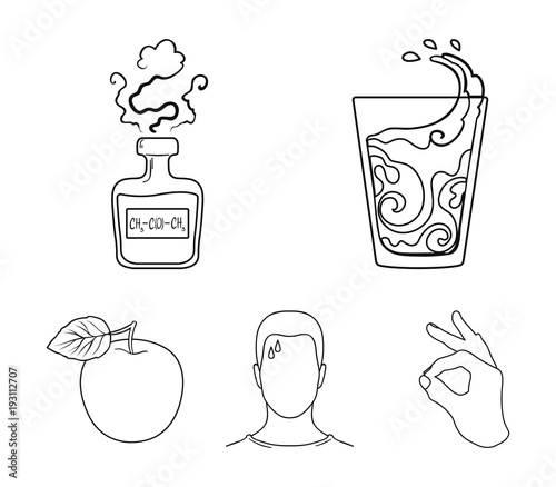 A glass of water, a bottle of alcohol, a sweating man, an apple. Diabeth set collection icons in outline style vector symbol stock illustration web.