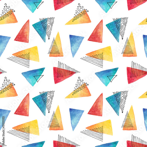Abstract pattern with watercolor and ink triangles. Fabric design.