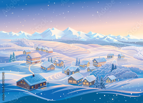 Winter landscape with hills and montane forests in the snow. Vector illustration.