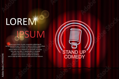 Stand up comedy with neon microphone sign and red curtain backdrop. Comedy night stand up show or karaoke party. Vector illustration