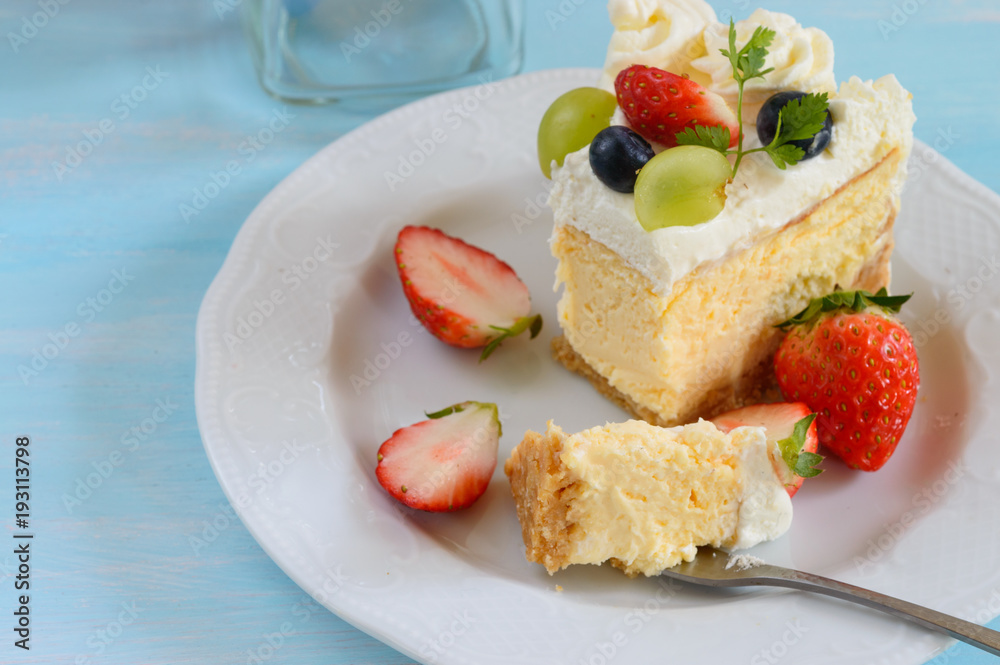 Cheesecake is a sweet pie dessert consisting of one or more layers. The main, and thickest layer, consists of a mixture of soft, fresh cheese (typically cream cheese or ricotta), eggs, and sugar. Cheesecake is a sweet pie dessert consisting of one or more layers. The main, and thickest layer, consists of a mixture of soft, fresh cheese (typically cream cheese or ricotta), eggs, and sugar.