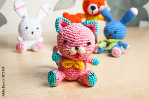 knitted toy cat, bear, rabbit, hare, handmade