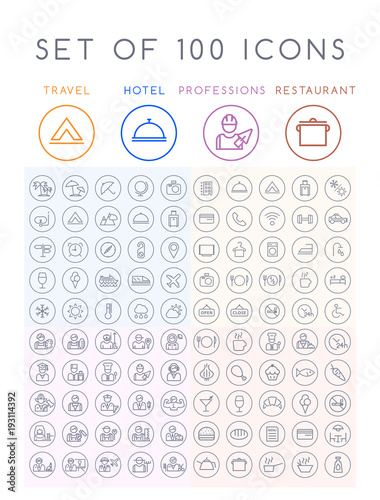 Set of 100 Universal Minimal Black Thin Line Icons on Circular Buttons on White Background ( Travel Hotel Professions and Restaurant )
