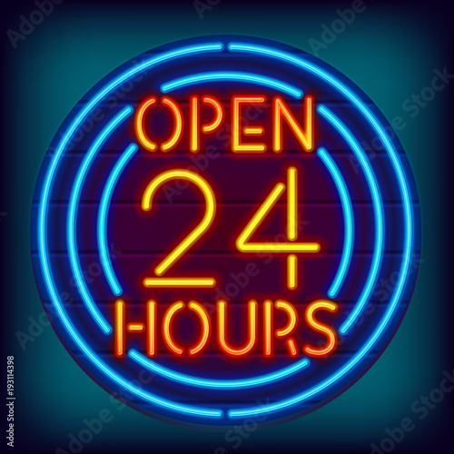 Open 24 hours neon sign. Glowing circles with text. Night store neon sign. Vintage glowing logo on a wooden signboard. Eps10 vector