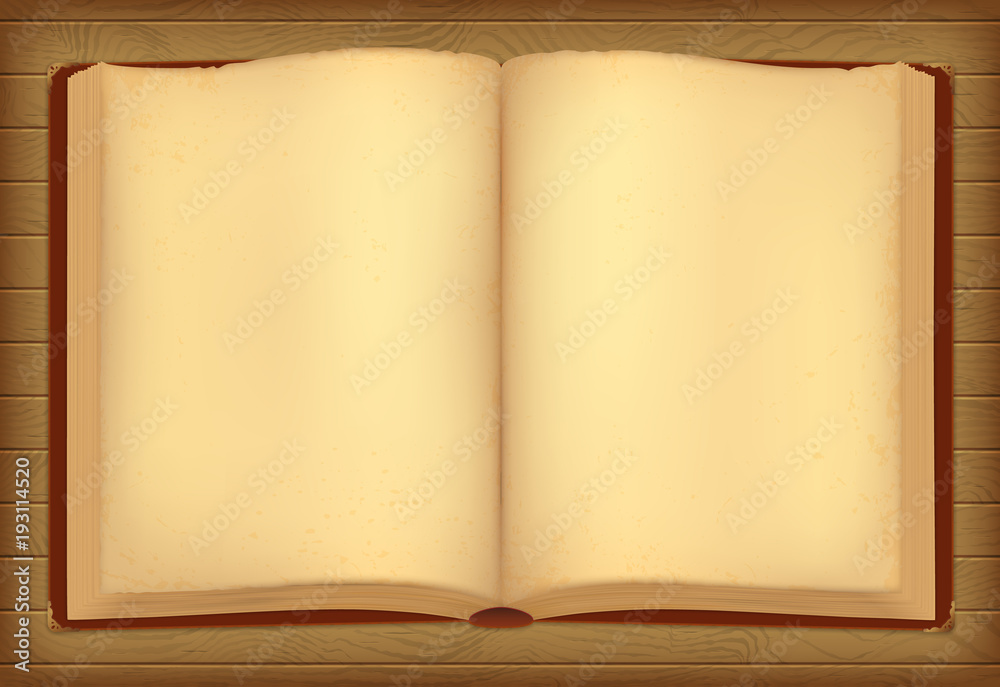 Opened aged book in dark red cover. Golden decorative elements. Vintage wooden background. Eps10 vector