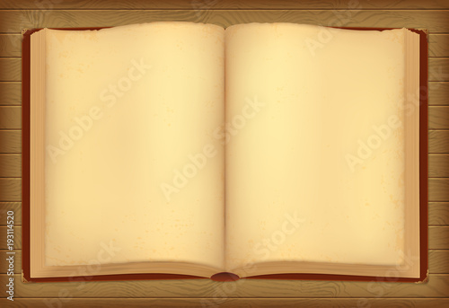 Opened aged book in dark red cover. Golden decorative elements. Vintage wooden background. Eps10 vector