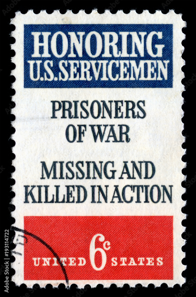 Obraz premium Vintage 1970 United States of America cancelled postage stamp honouring US sevicemen Prisoners of War missing and killed in action