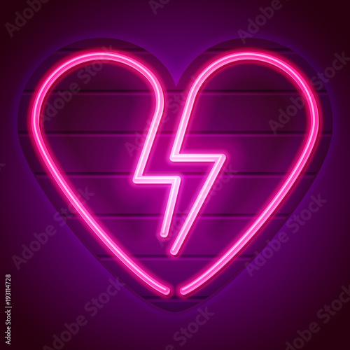 Broken heart neon sign. Decoration element. Vintage neon heart on a signboard. Eps10 vector