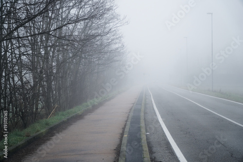 Asphalt road that goes through a misty foggy dark misterious pempty fields
