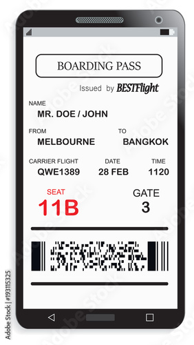 Mobile phone or smartphone with modern electronic boarding pass ticket for travel by plane. Vector illustration