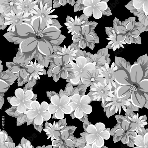 abstract seamless pattern of flowers on black background. for card designs, greeting cards, birthday invitations, Valentine's day, party, holiday.