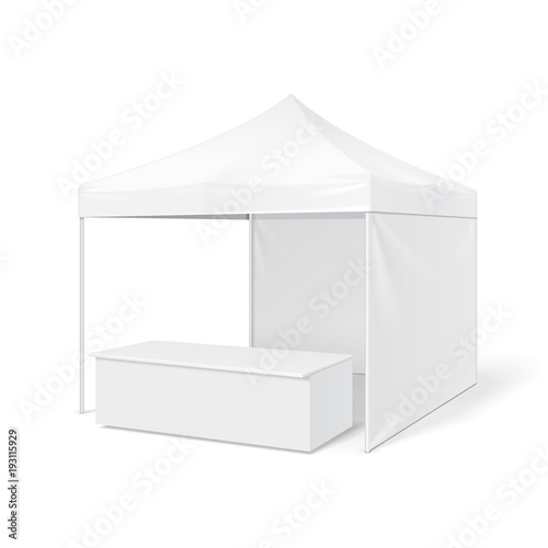 Promotional Outdoor Event Trade Show Pop-Up Tent Mobile Marquee. Mock Up, Template. Illustration Isolated On White Background. Ready For Your Design. Product Advertising. Vector EPS10