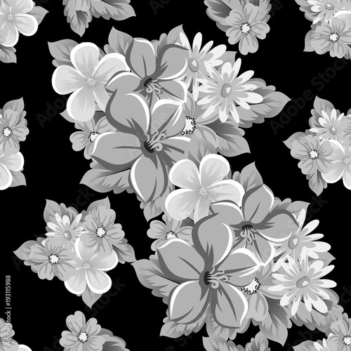 abstract seamless pattern of flowers on black background. for card designs, greeting cards, birthday invitations, Valentine's day, party, holiday.