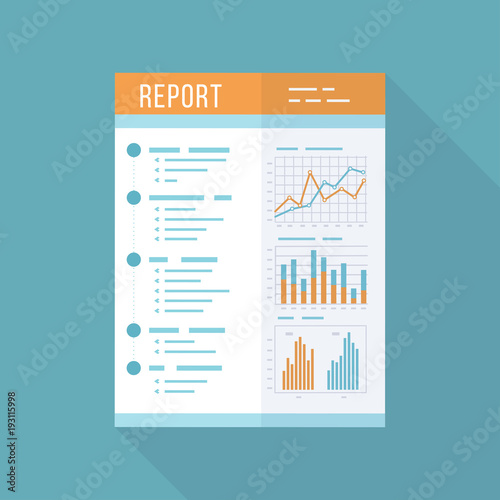 Business report, paper document.  Isolated icon with long shadow. Charts graphs on a paper. Accounting, analysis, research, planning, audit, report, management. Vector