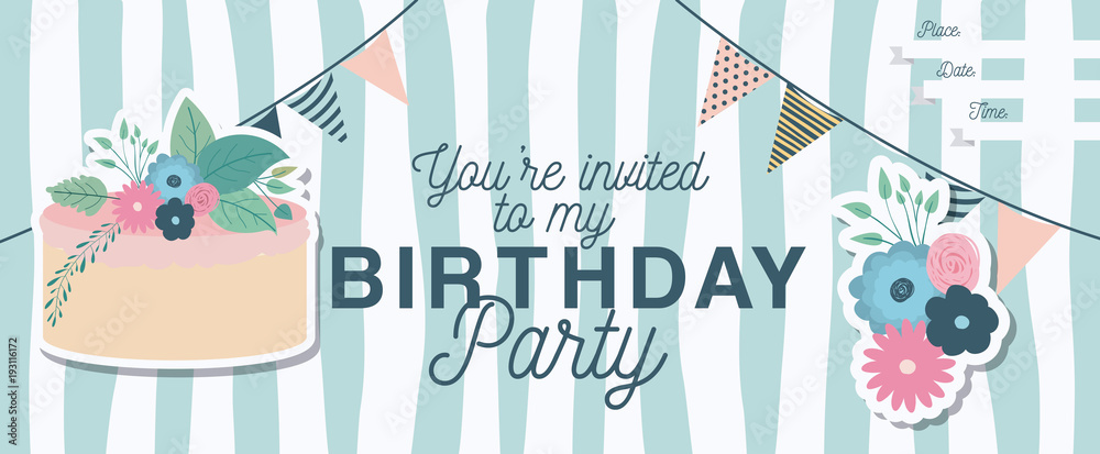 Fototapeta happy birthday party invitation with floral decoration and cake vector illustration design